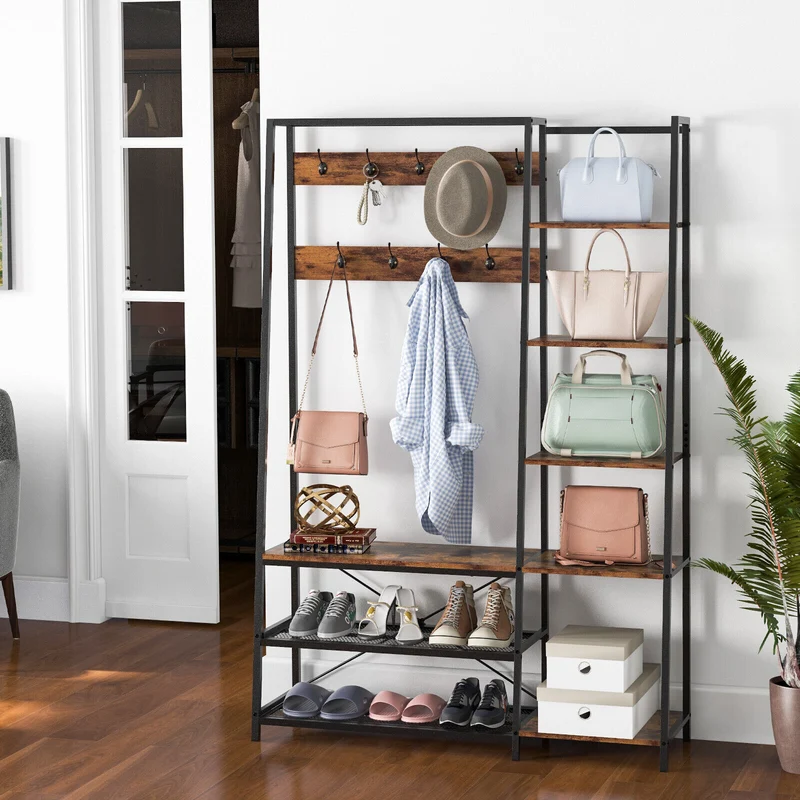 5-In-1 Entryway Hall Tree, Storage Bench, 9 Hooks, Brown