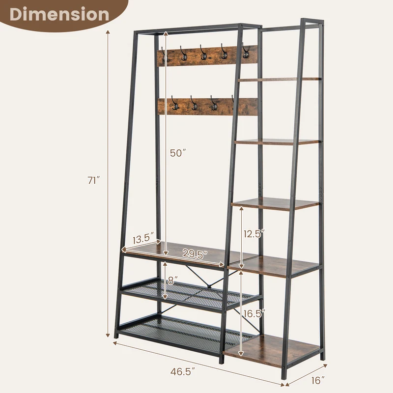 5-In-1 Entryway Hall Tree, Storage Bench, 9 Hooks, Brown
