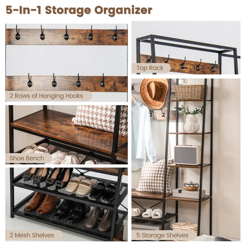 5-In-1 Entryway Hall Tree, Storage Bench, 9 Hooks, Brown