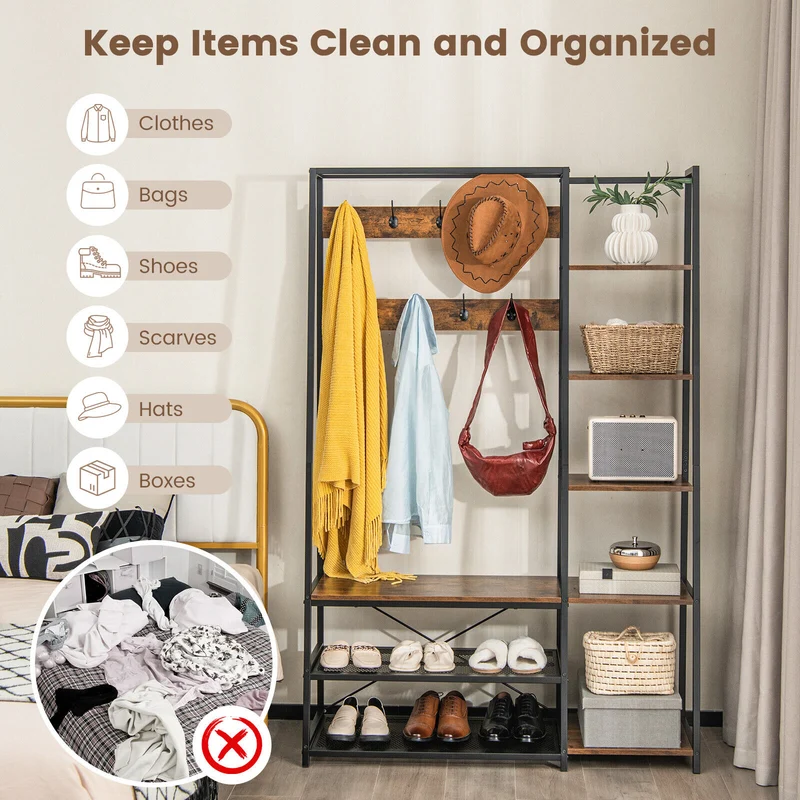 5-In-1 Entryway Hall Tree, Storage Bench, 9 Hooks, Brown