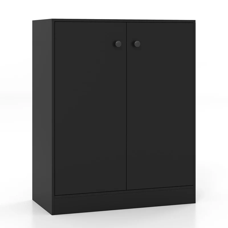 2-Door Modern Floor Cabinet, 3-Tier Shelf, Black