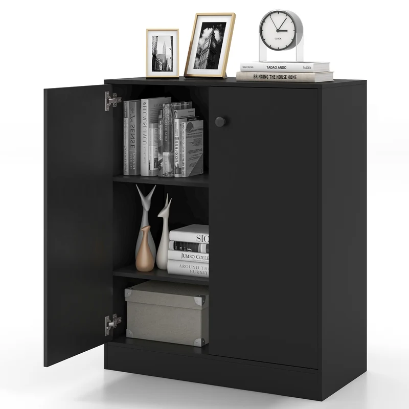 2-Door Modern Floor Cabinet, 3-Tier Shelf, Black