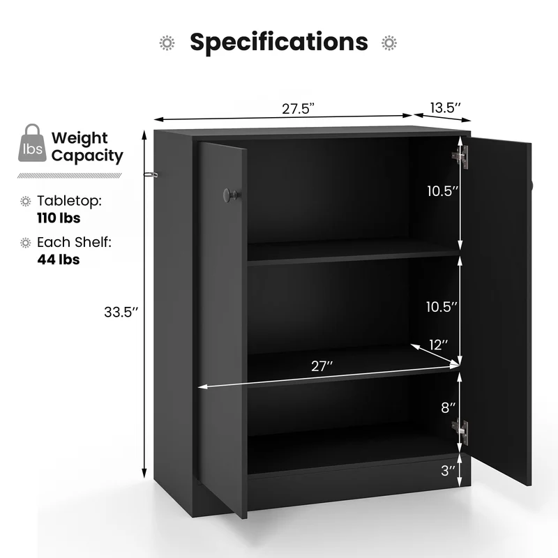 2-Door Modern Floor Cabinet, 3-Tier Shelf, Black