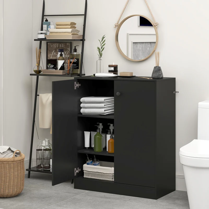 2-Door Modern Floor Cabinet, 3-Tier Shelf, Black