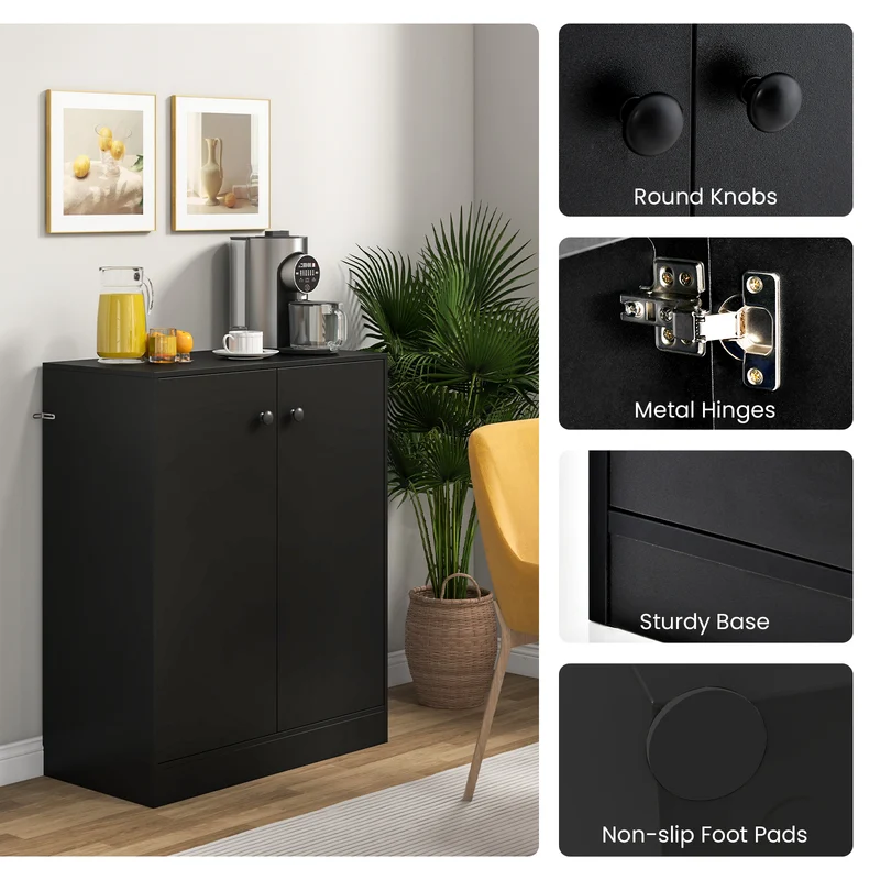 2-Door Modern Floor Cabinet, 3-Tier Shelf, Black