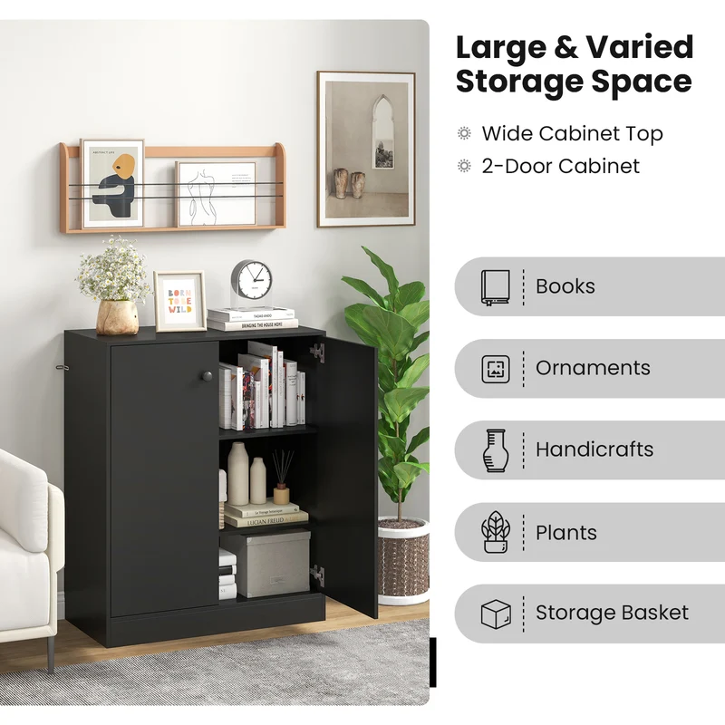 2-Door Modern Floor Cabinet, 3-Tier Shelf, Black