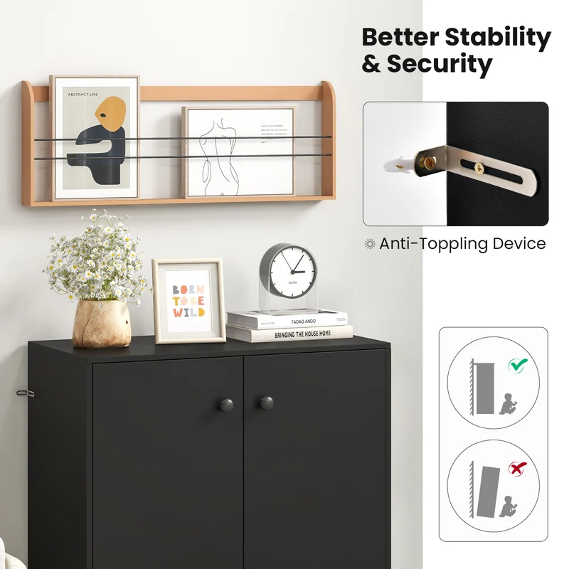 2-Door Modern Floor Cabinet, 3-Tier Shelf, Black