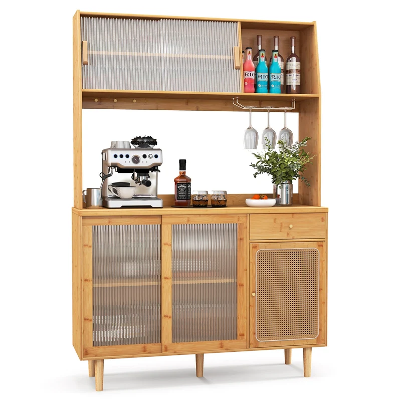 69 Inch Wine Bar Cabinet, Sliding Tempered Glass, Rattan Door, Natural