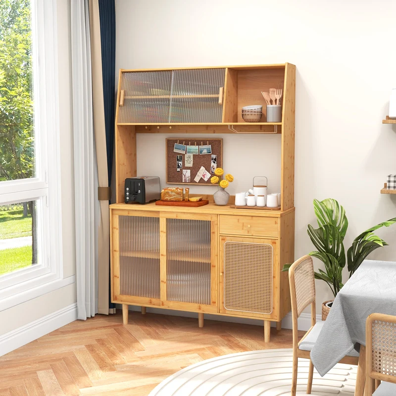 69 Inch Wine Bar Cabinet, Sliding Tempered Glass, Rattan Door, Natural