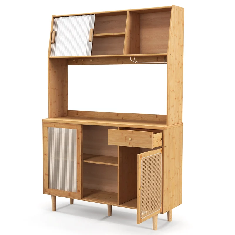 69 Inch Wine Bar Cabinet, Sliding Tempered Glass, Rattan Door, Natural