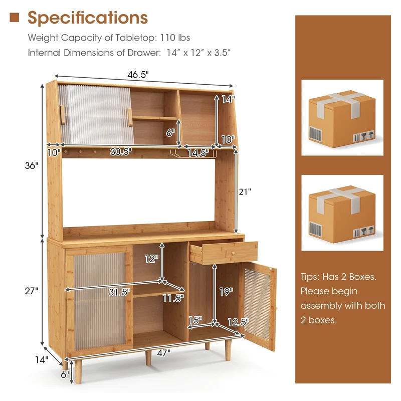 69 Inch Wine Bar Cabinet, Sliding Tempered Glass, Rattan Door, Natural