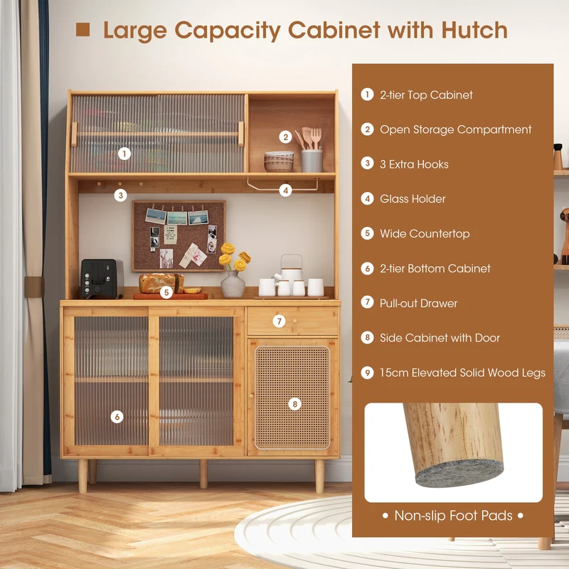 69 Inch Wine Bar Cabinet, Sliding Tempered Glass, Rattan Door, Natural