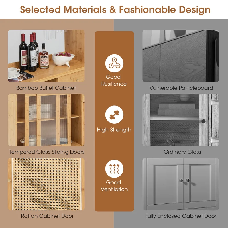69 Inch Wine Bar Cabinet, Sliding Tempered Glass, Rattan Door, Natural