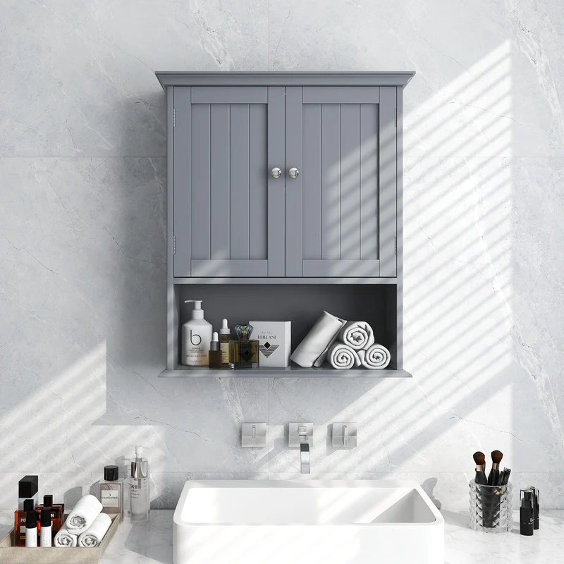 Wall Mount Bathroom Cabinet, With Doors And Shelves, Gray