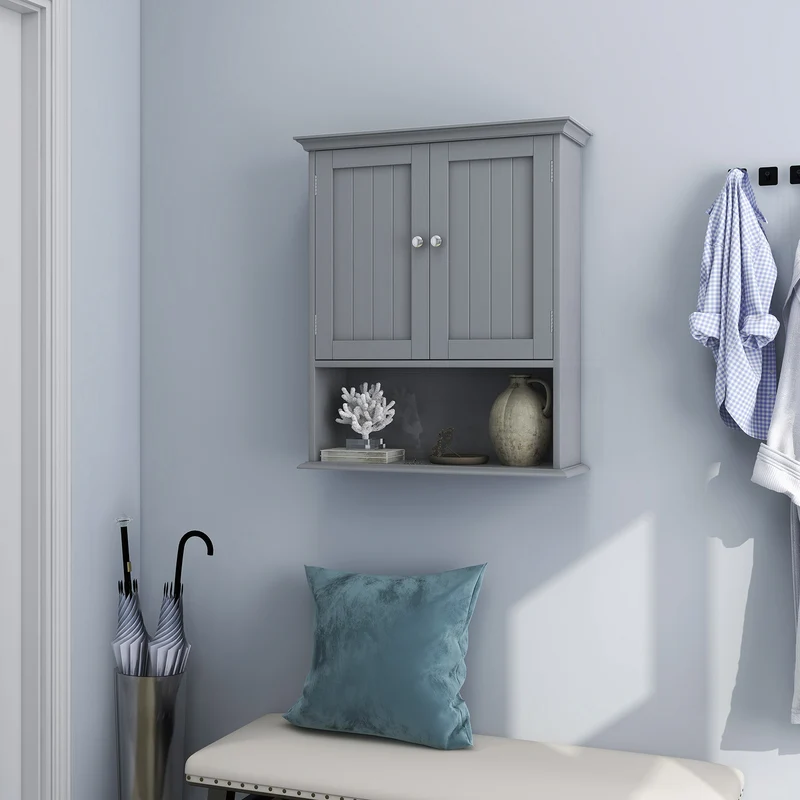 Wall Mount Bathroom Cabinet, With Doors And Shelves, Gray
