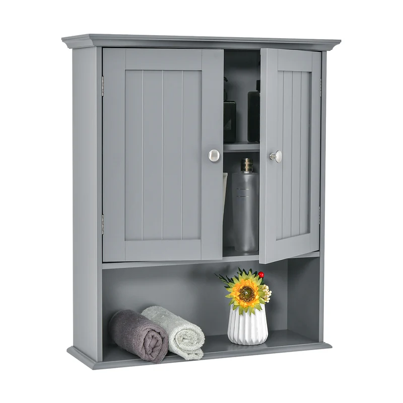 Wall Mount Bathroom Cabinet, With Doors And Shelves, Gray
