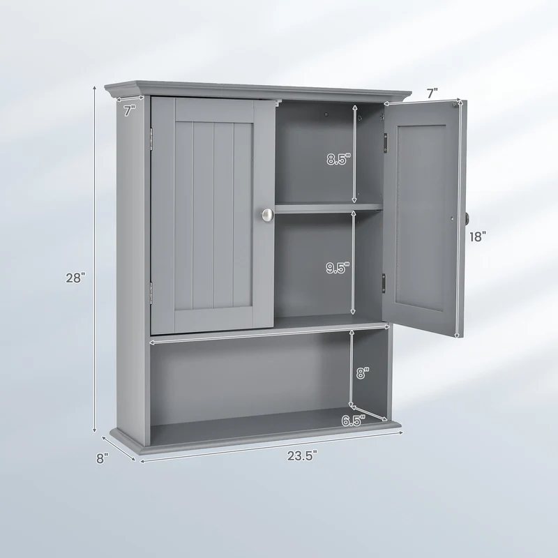 Wall Mount Bathroom Cabinet, With Doors And Shelves, Gray