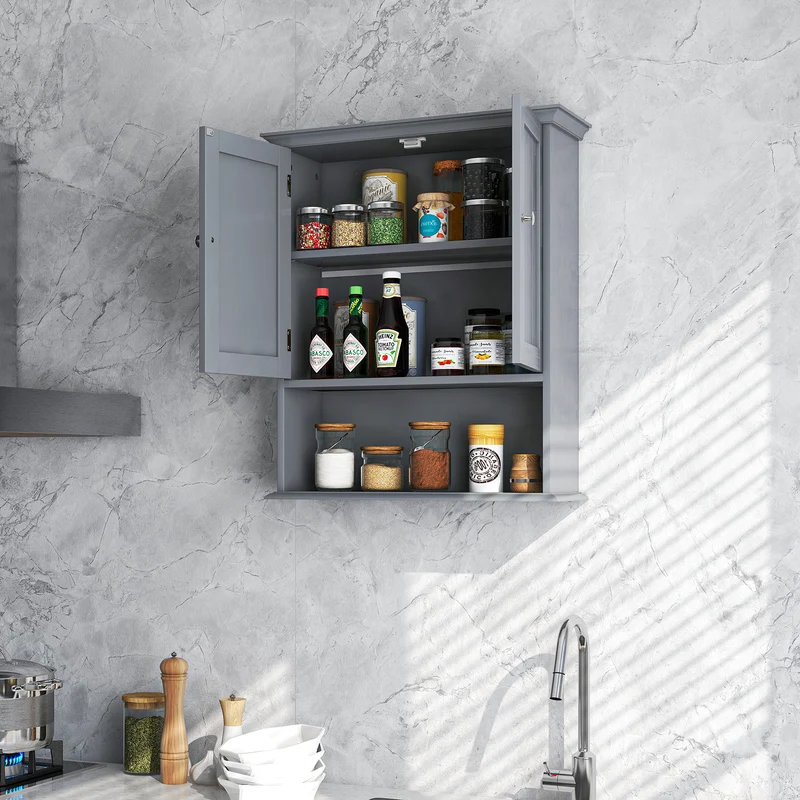 Wall Mount Bathroom Cabinet, With Doors And Shelves, Gray