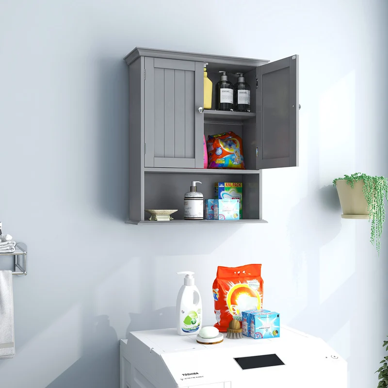 Wall Mount Bathroom Cabinet, With Doors And Shelves, Gray