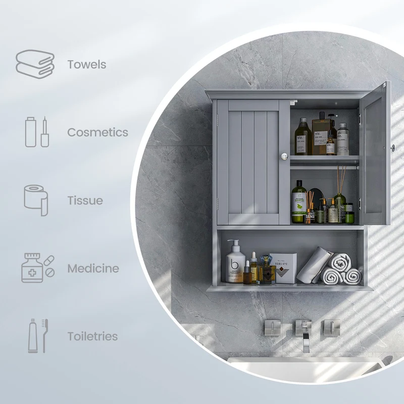 Wall Mount Bathroom Cabinet, With Doors And Shelves, Gray