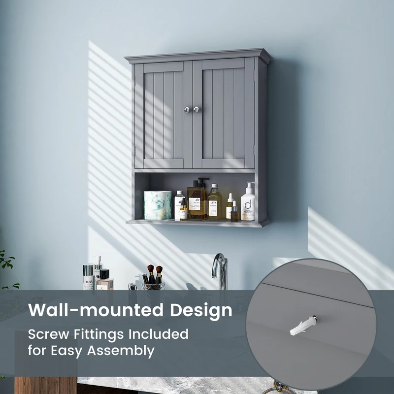 Wall Mount Bathroom Cabinet, With Doors And Shelves, Gray