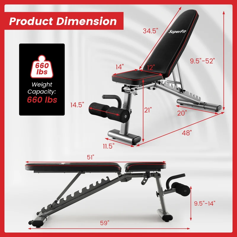 660 LBS Strength Training Bench, 10 Back 3 Seat, Full Body Workout, Black