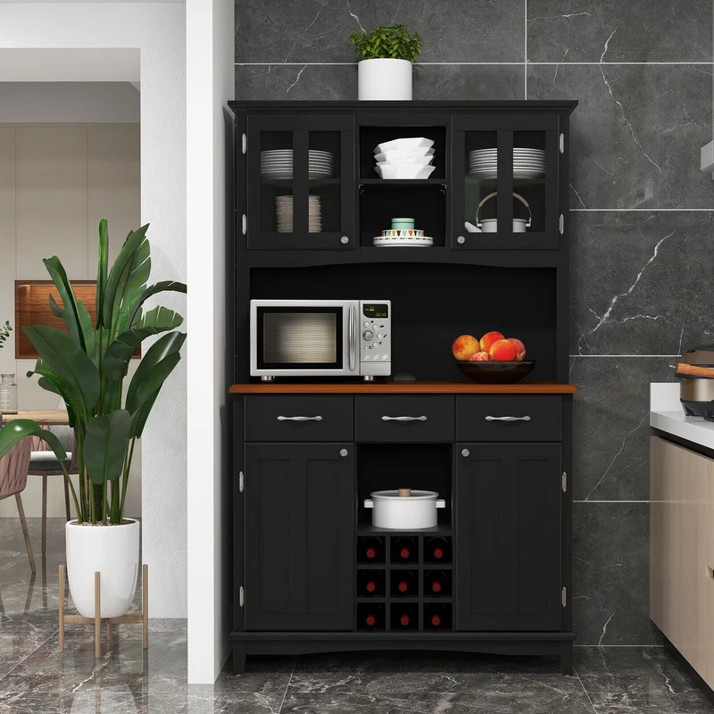 Kitchen Storage Cabinet With Wine Rack, Drawers, Black
