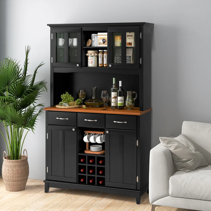 Kitchen Storage Cabinet With Wine Rack, Drawers, Black