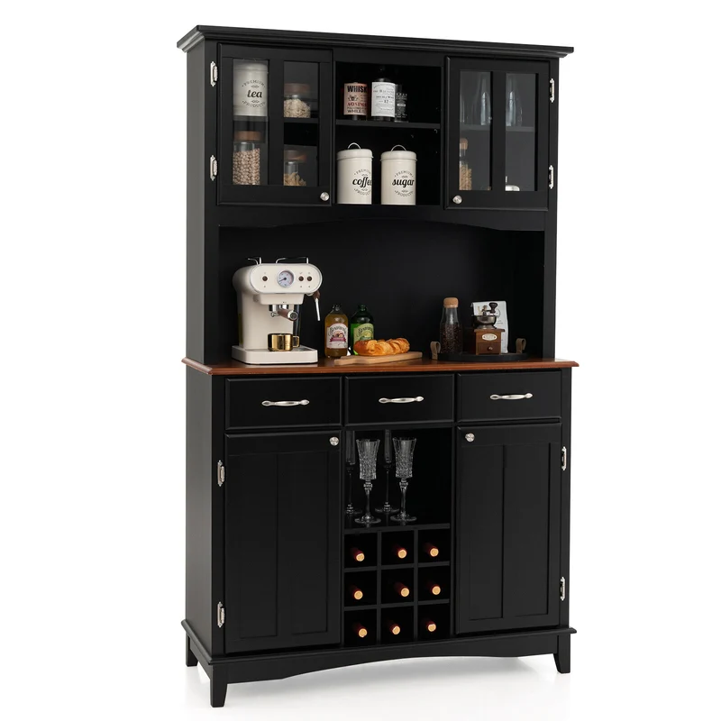 Kitchen Storage Cabinet With Wine Rack, Drawers, Black