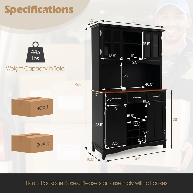 Kitchen Storage Cabinet With Wine Rack, Drawers, Black