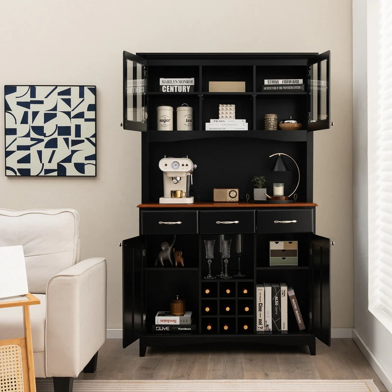 Kitchen Storage Cabinet With Wine Rack, Drawers, Black