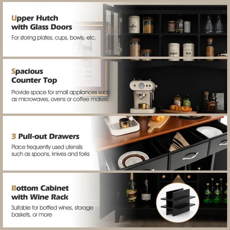 Kitchen Storage Cabinet With Wine Rack, Drawers, Black