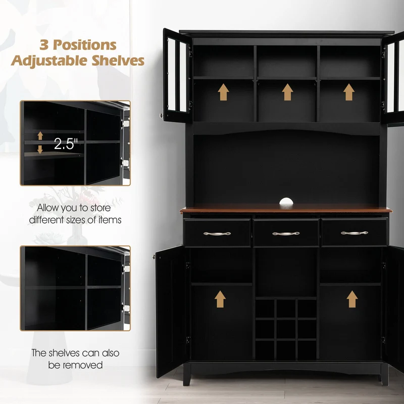 Kitchen Storage Cabinet With Wine Rack, Drawers, Black