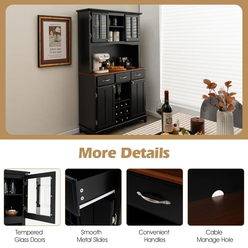 Kitchen Storage Cabinet With Wine Rack, Drawers, Black