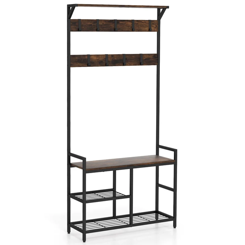 71 Inch Freestanding Hall Tree, Shoe Bench, 9 Removable Hooks, Brown