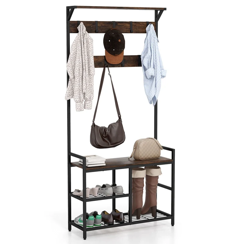 71 Inch Freestanding Hall Tree, Shoe Bench, 9 Removable Hooks, Brown
