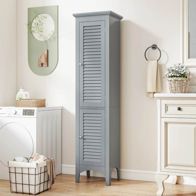 Tall Bathroom Floor Cabinet, Shutter Doors, Adjustable Shelf, Gray