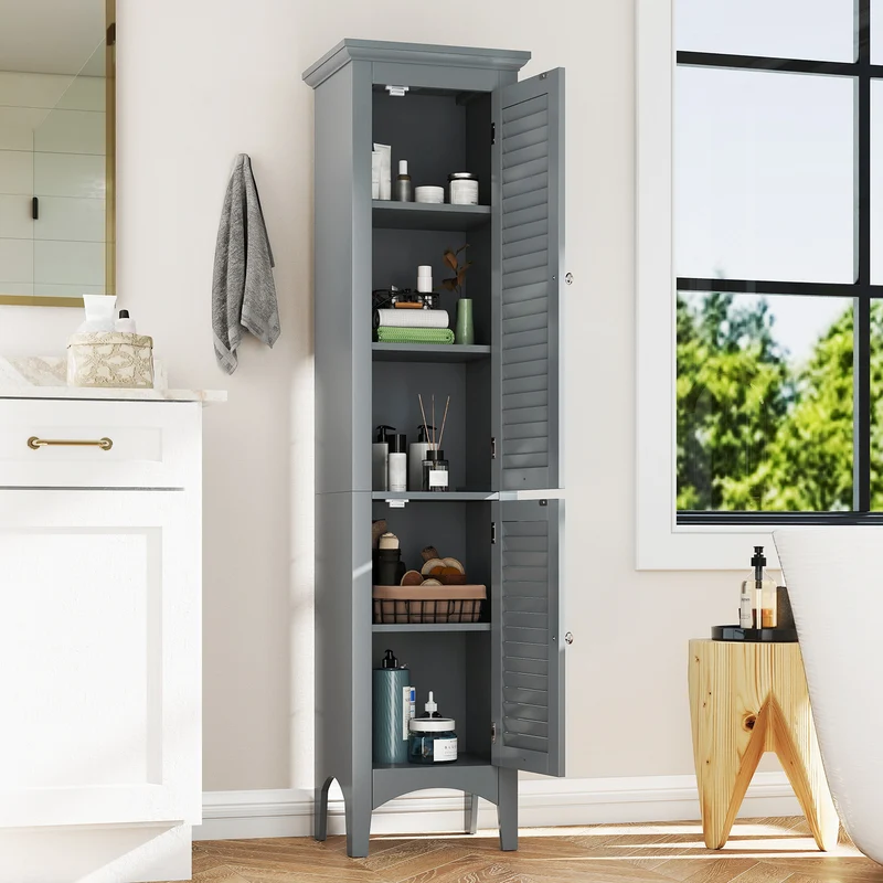 Tall Bathroom Floor Cabinet, Shutter Doors, Adjustable Shelf, Gray
