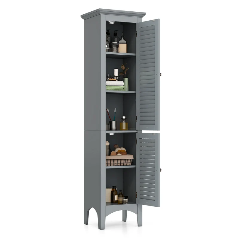 Tall Bathroom Floor Cabinet, Shutter Doors, Adjustable Shelf, Gray