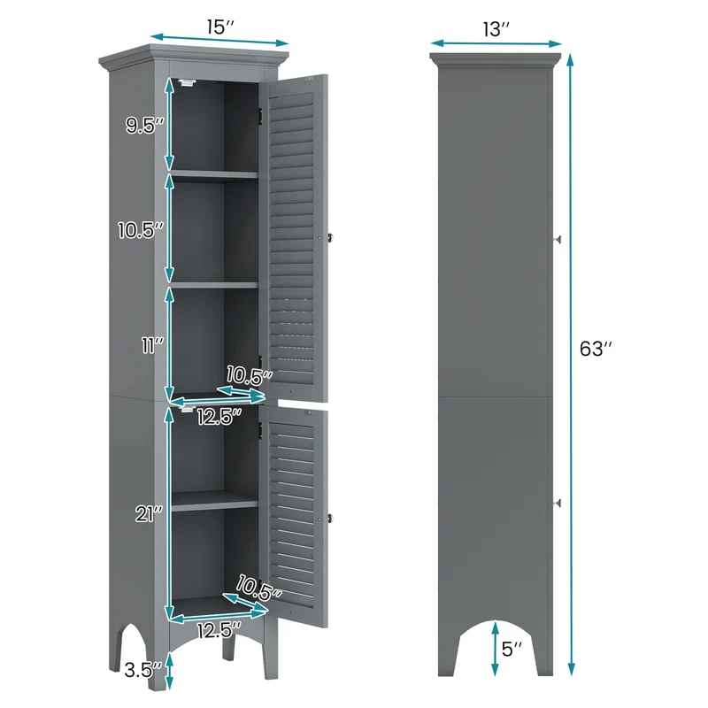 Tall Bathroom Floor Cabinet, Shutter Doors, Adjustable Shelf, Gray