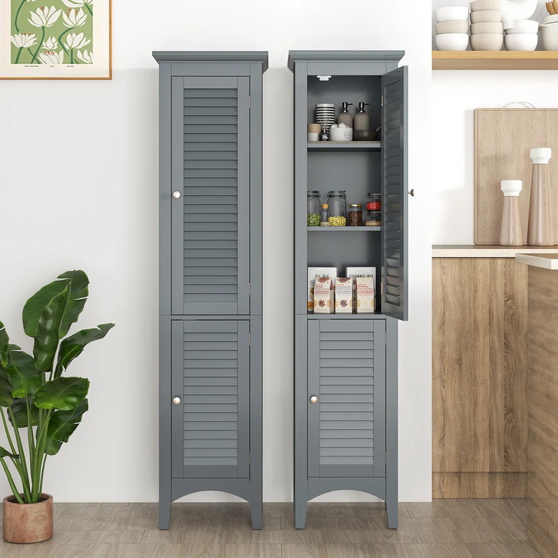 Tall Bathroom Floor Cabinet, Shutter Doors, Adjustable Shelf, Gray
