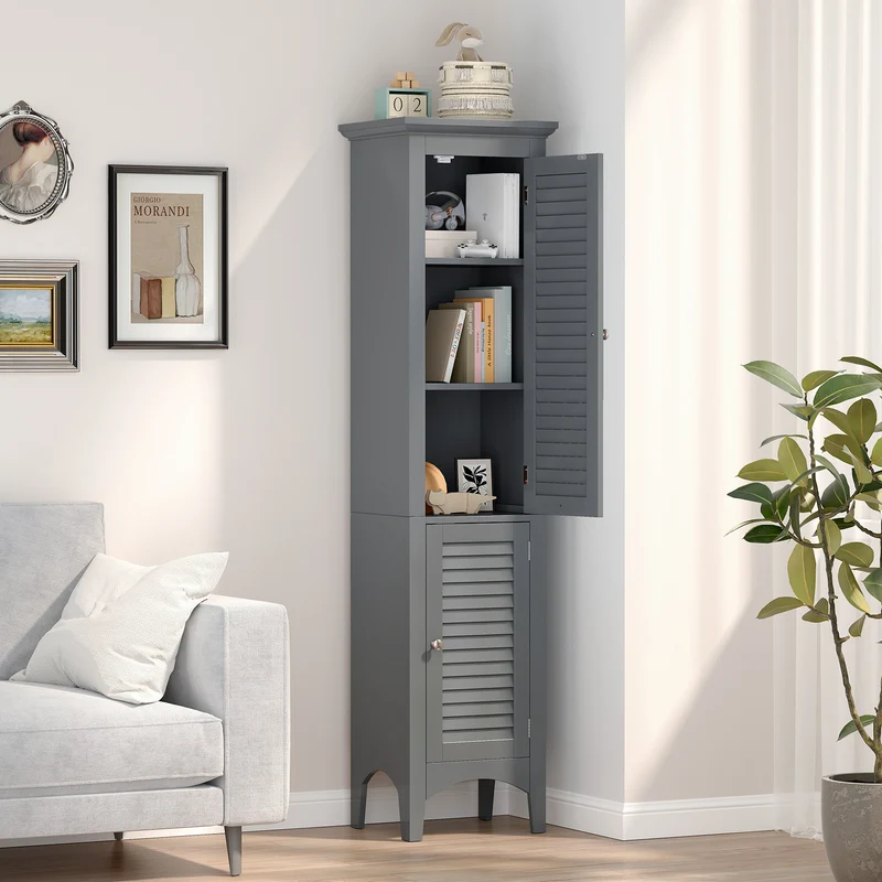 Tall Bathroom Floor Cabinet, Shutter Doors, Adjustable Shelf, Gray