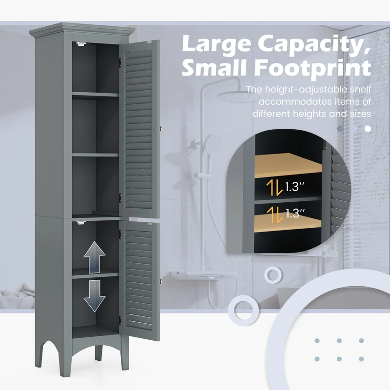 Tall Bathroom Floor Cabinet, Shutter Doors, Adjustable Shelf, Gray