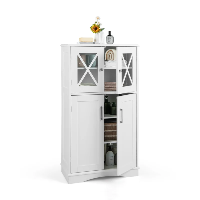 4 Door Freestanding Bathroom Cabinet, Adjustable Shelves, White