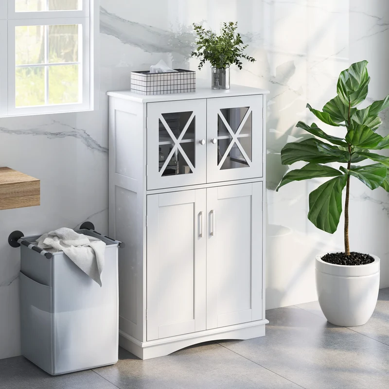 4 Door Freestanding Bathroom Cabinet, Adjustable Shelves, White