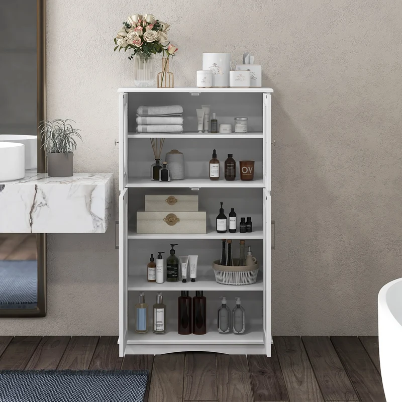 4 Door Freestanding Bathroom Cabinet, Adjustable Shelves, White