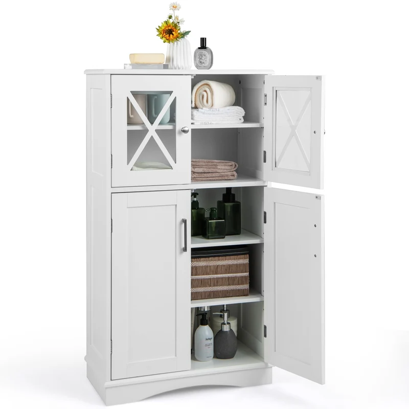 4 Door Freestanding Bathroom Cabinet, Adjustable Shelves, White