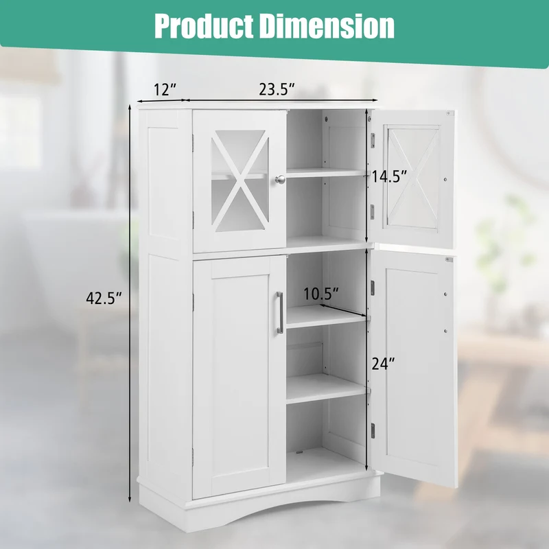 4 Door Freestanding Bathroom Cabinet, Adjustable Shelves, White