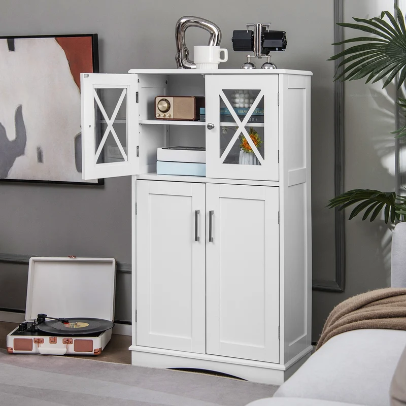 4 Door Freestanding Bathroom Cabinet, Adjustable Shelves, White