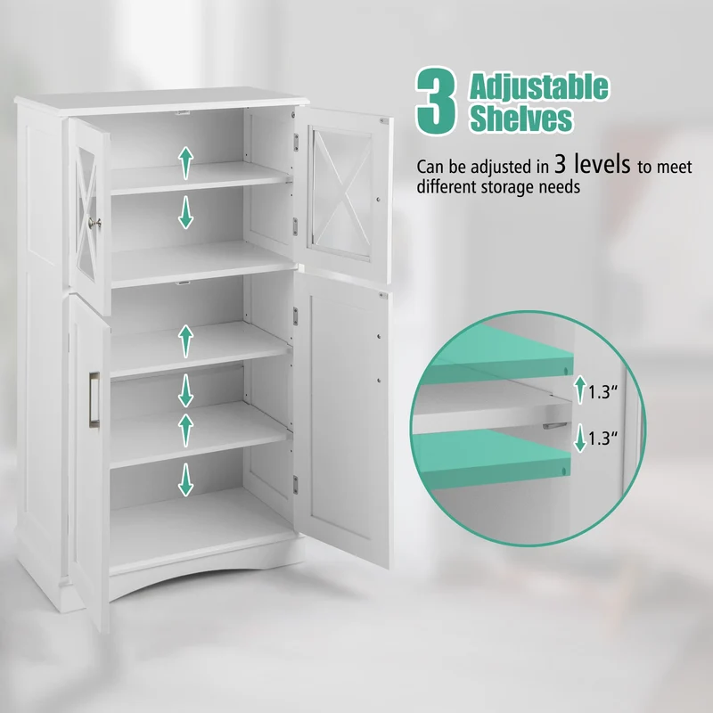 4 Door Freestanding Bathroom Cabinet, Adjustable Shelves, White